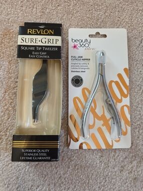 Share Revlon Sure Grip Square Tip Tweezer & Beauty 360 Cuticle Nipper--Sealed/